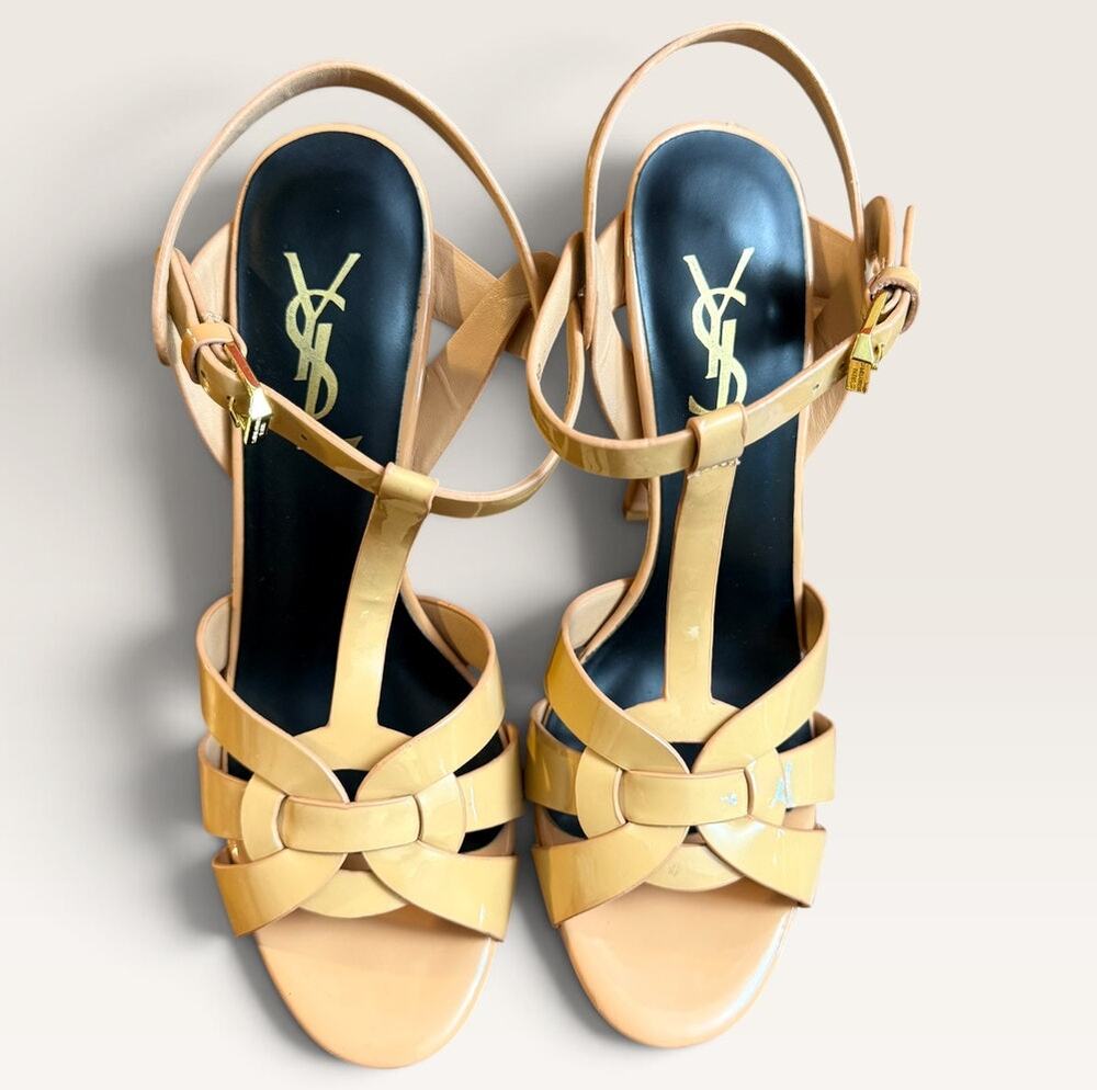 Saint Laurent YSL Sandals 39 Nude Patent Leather Platform Stiletto Heels Italy